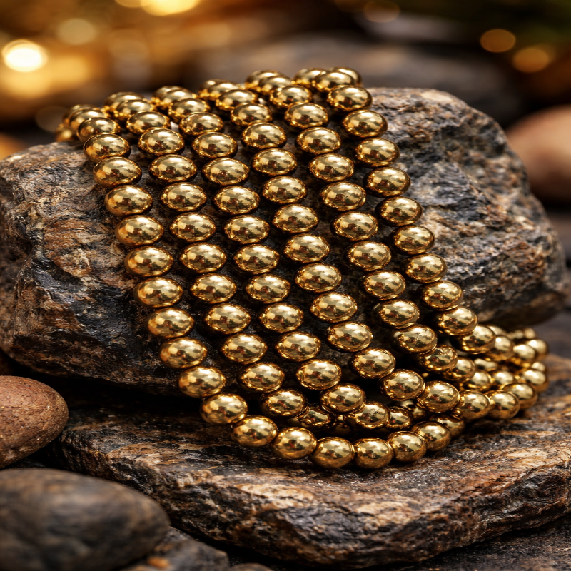 Golden Pyrite Beads Bracelet, 8 mm